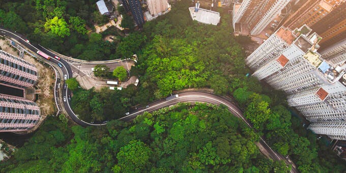 a train going through a city