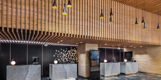 a room with a stage and lights