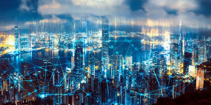 a city at night network connect technology