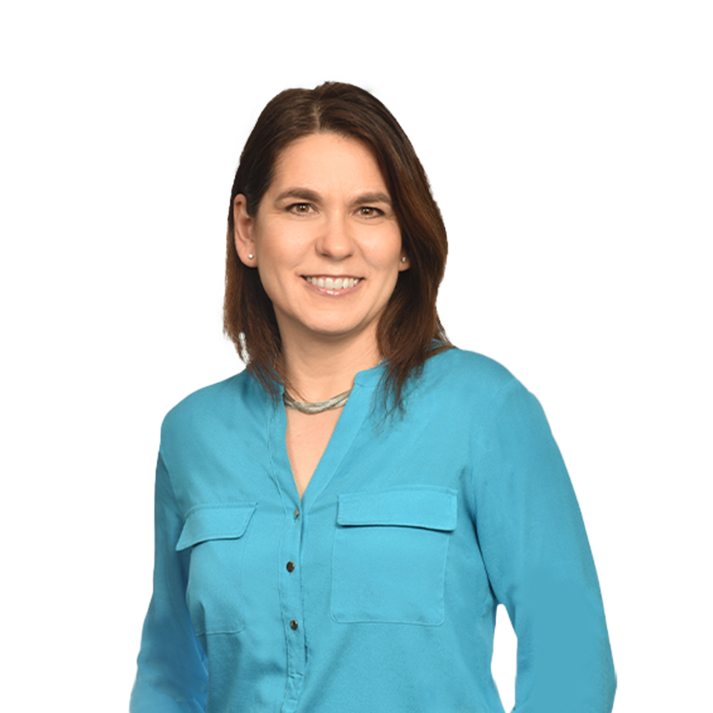 a woman in a blue shirt