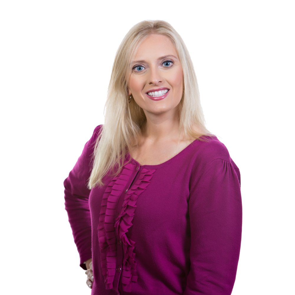 a woman in a purple shirt